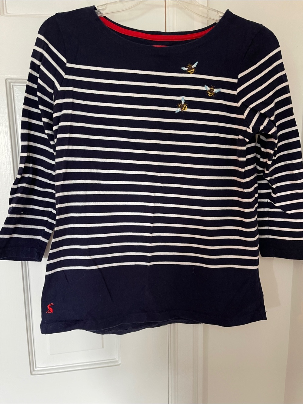 Joules Navy and White Striped Top with Bee Embroidery